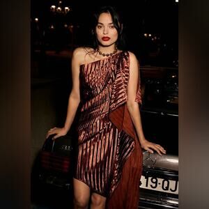 Anthropologie Guapa Pleated Satin One-Shoulder Mini Dress Bronze Size 6 New